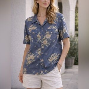 Cezar 100% Silk Floral Button Up Shirt Blue Short Sleeve Vintage Size S